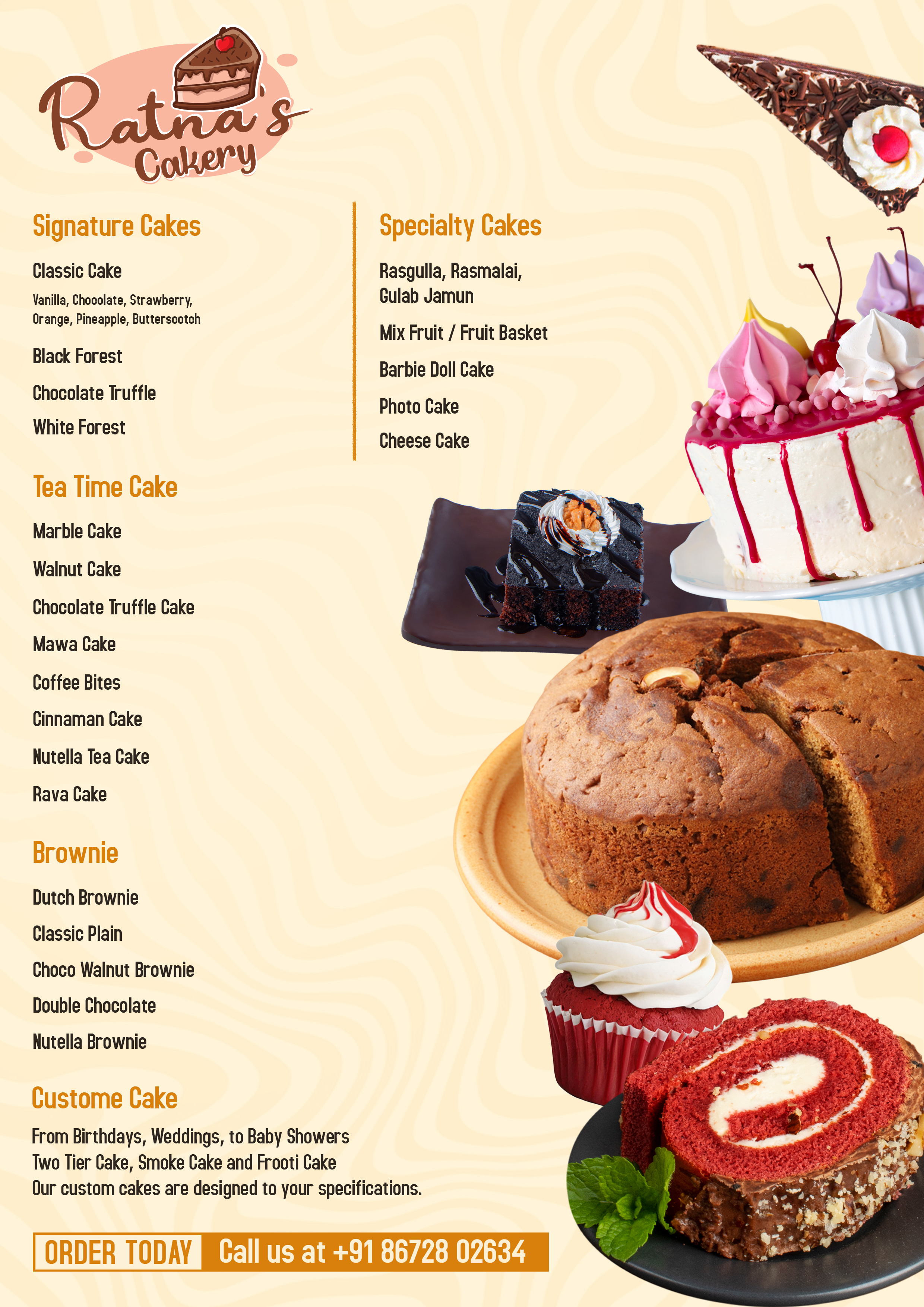 Ratna's Cakery full cake menu with signature cakes, speciality cakes, tea time cakes, brownies and custom cakes